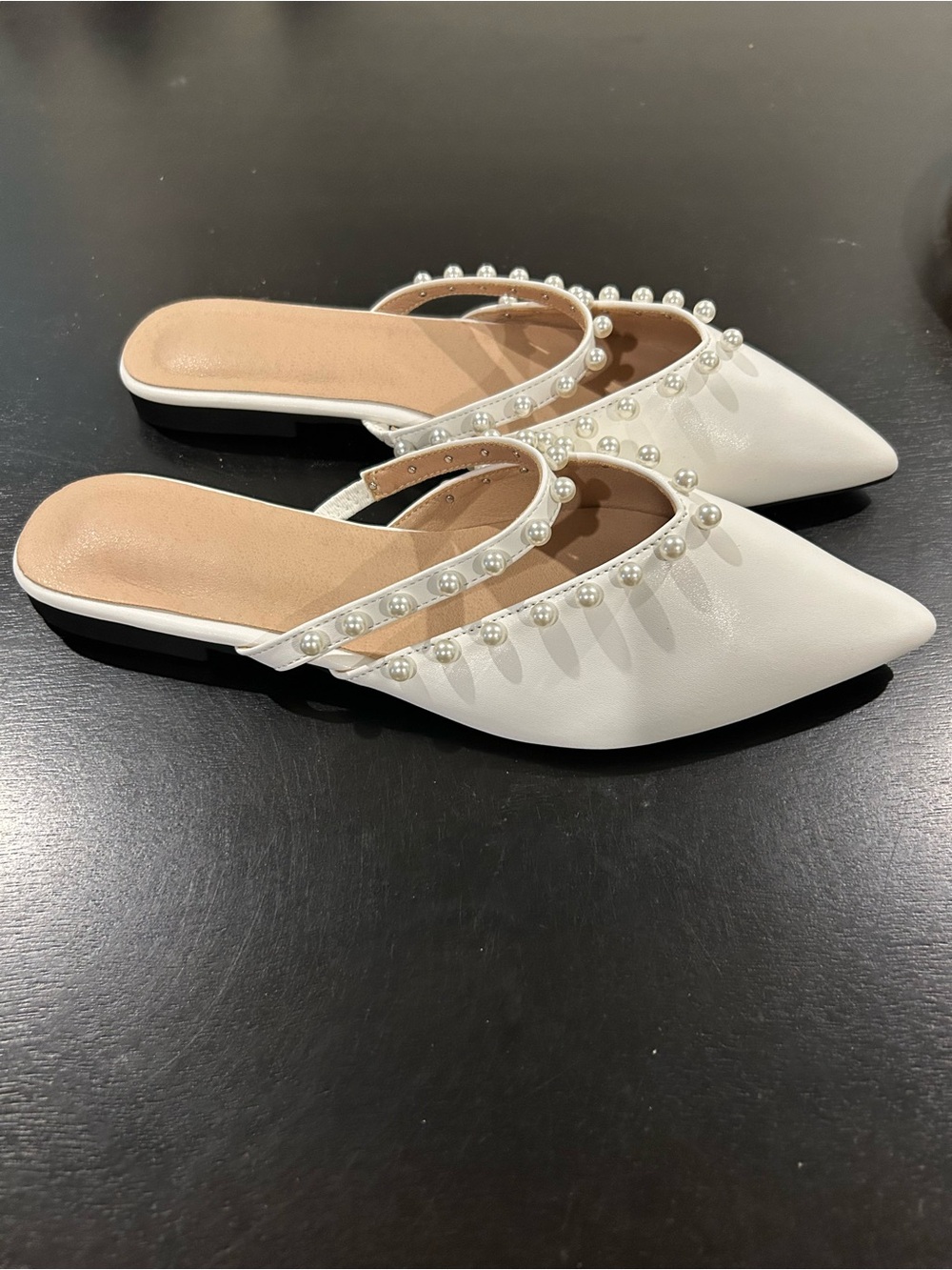 Pearl-Embellished Pointed White Mule Flats
